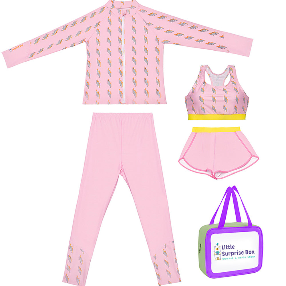 3 pcs Pink ThunderBolt Matching Top,Leggings & Jacket style Swimwear set for Pre teens & Teens with  Free Washbag
