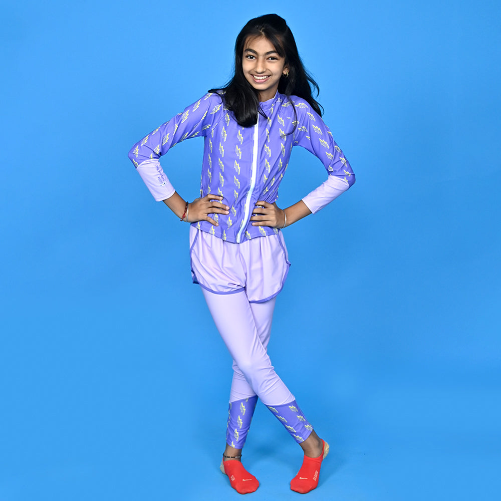 3 pcs Purple ThunderBolt Matching Top,leggings & Jacket style Swimwear set for Pre Teens & Teens with  Free Washbag