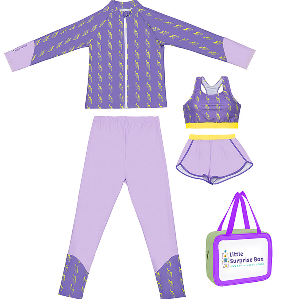 3 pcs Purple ThunderBolt Matching Top,leggings & Jacket style Swimwear set for Pre Teens & Teens with  Free Washbag
