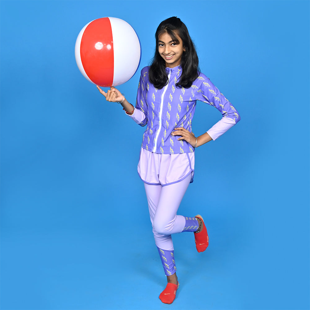 3 pcs Purple ThunderBolt Matching Top,leggings & Jacket style Swimwear set for Pre Teens & Teens with  Free Washbag