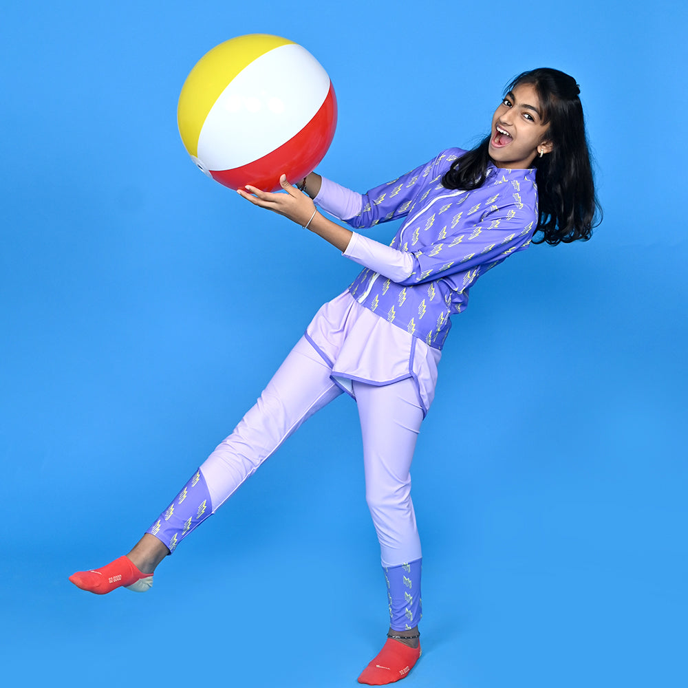 3 pcs Purple ThunderBolt Matching Top,leggings & Jacket style Swimwear set for Pre Teens & Teens with  Free Washbag