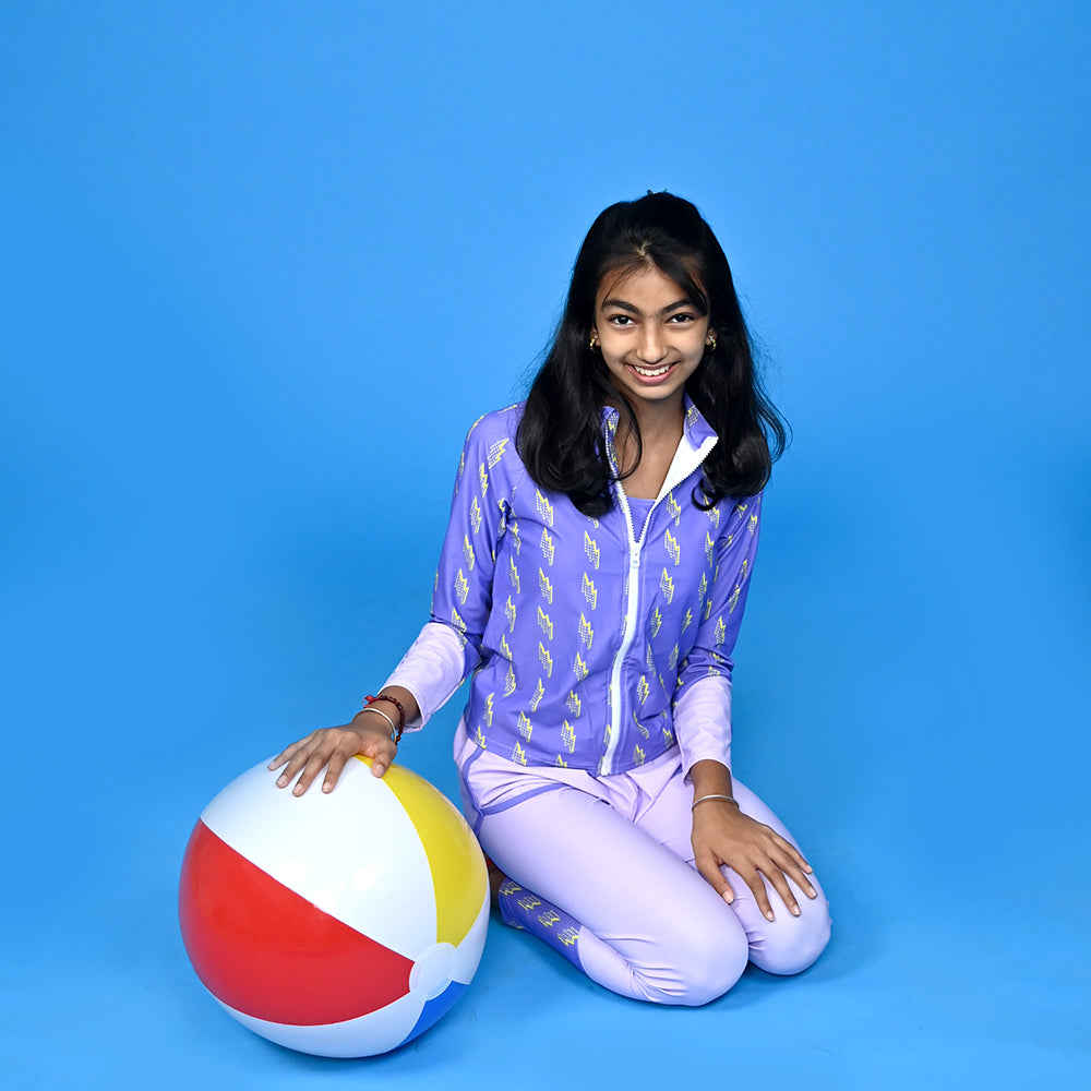 3 pcs Purple ThunderBolt Matching Top,leggings & Jacket style Swimwear set for Pre Teens & Teens with  Free Washbag