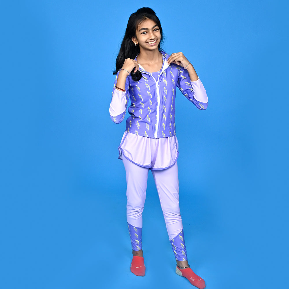 3 pcs Purple ThunderBolt Matching Top,leggings & Jacket style Swimwear set for Pre Teens & Teens with  Free Washbag