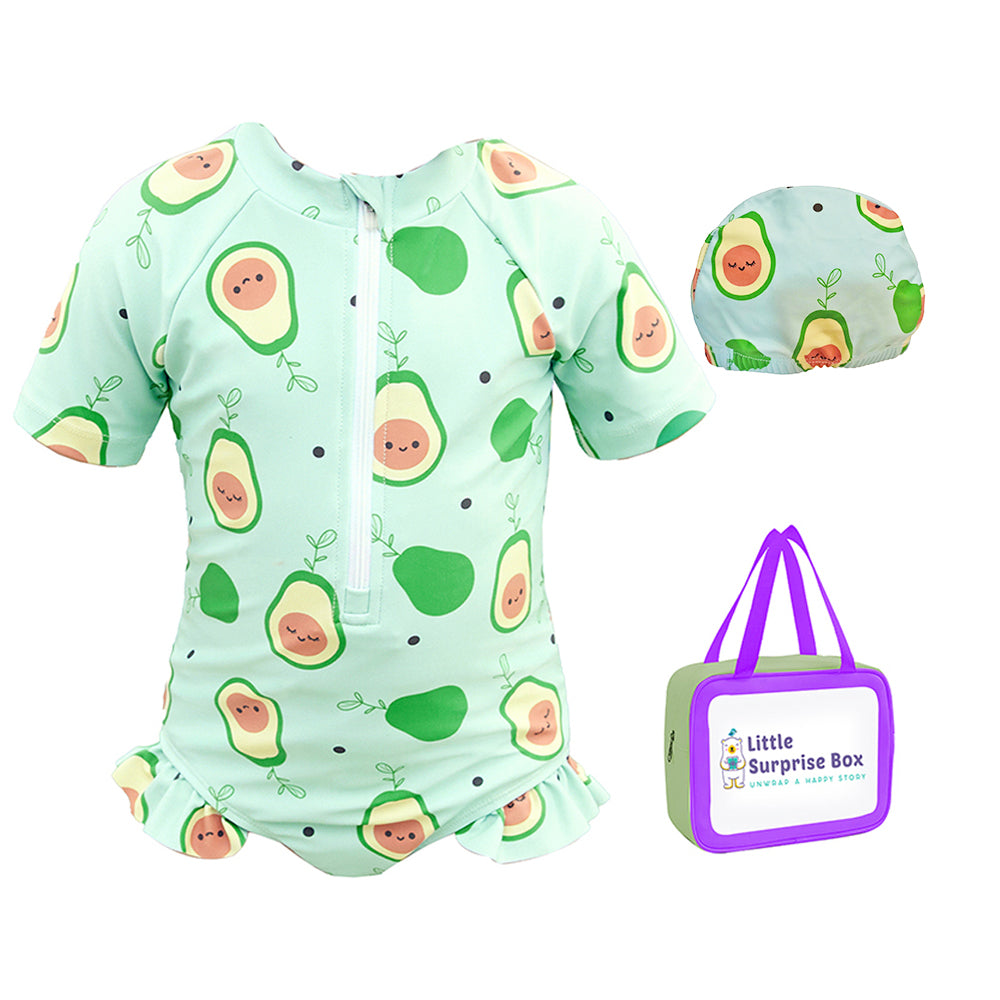 Frilly Avacado Print Swimwear +Swim Cap for Toddlers & Kids with matching Swim Cap&Free Washbag