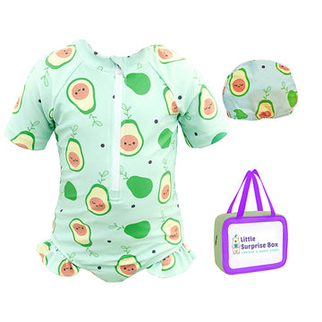 Frilly Avacado Print Swimwear +Swim Cap for Toddlers & Kids with matching Swim Cap&Free Washbag