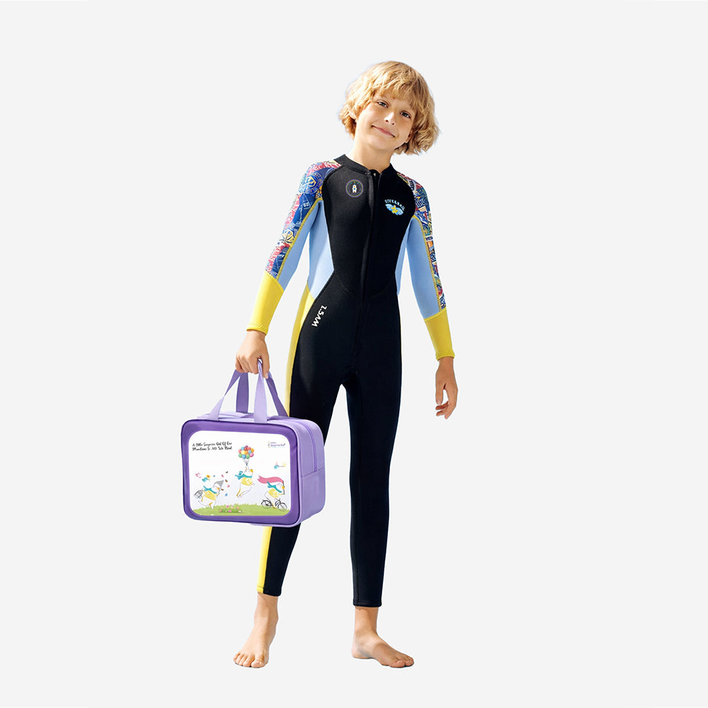 Dive Full Length Black & Yellow Stamp Printed 2.5mm Neoprene Kids Swimsuit with Free Washbag