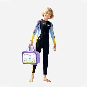 Dive Full Length Black & Yellow Stamp Printed 2.5mm Neoprene Kids Swimsuit with Free Washbag