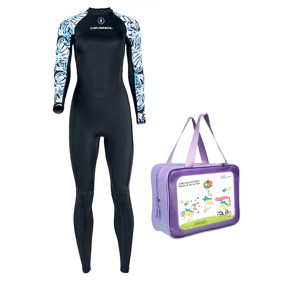 Full-Length Black & Blue Tropical Leaf Printed Teens and Adults Swimwear in UPF 50+ with Free Washbag