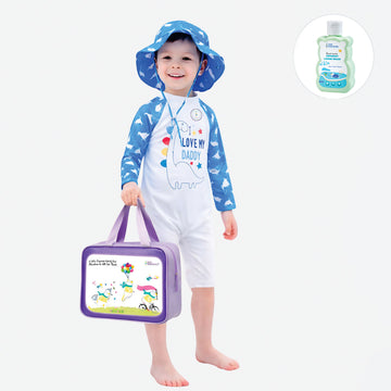 Blue Daddy Dino, Toddlers & Kids Swimwear with matching Hat, Free Wash Bag & Free Swim Detergent