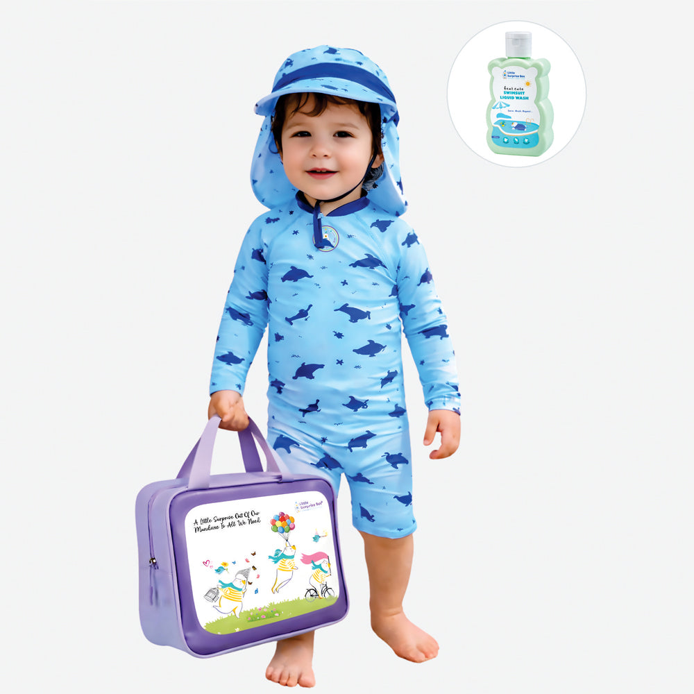 Blue Dolphin, Toddlers & Kids Swimwear with long Cap Free Wash Bag & Free Swim Detergent