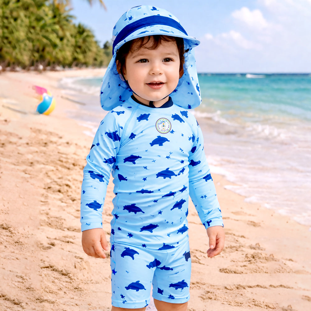 Blue Dolphin, Toddlers & Kids Swimwear with long Cap Free Wash Bag & Free Swim Detergent