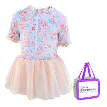 ملابس سباحة زرقاء كبيرة مزينة بنقشة زهور توتو للأطفال الصغار والأطفال