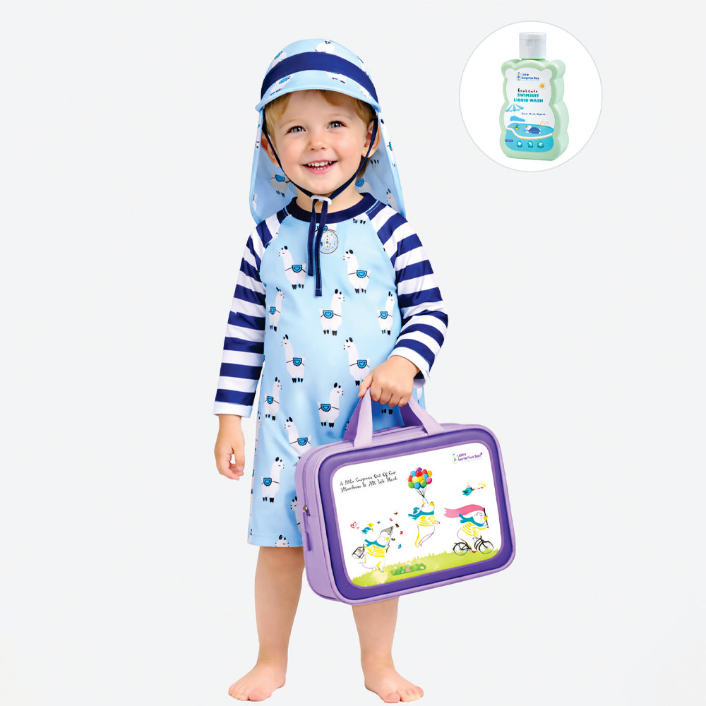 Blue Lhama, Toddlers & Kids Swimwear with long Cap Free Wash Bag & Free Swim Detergent