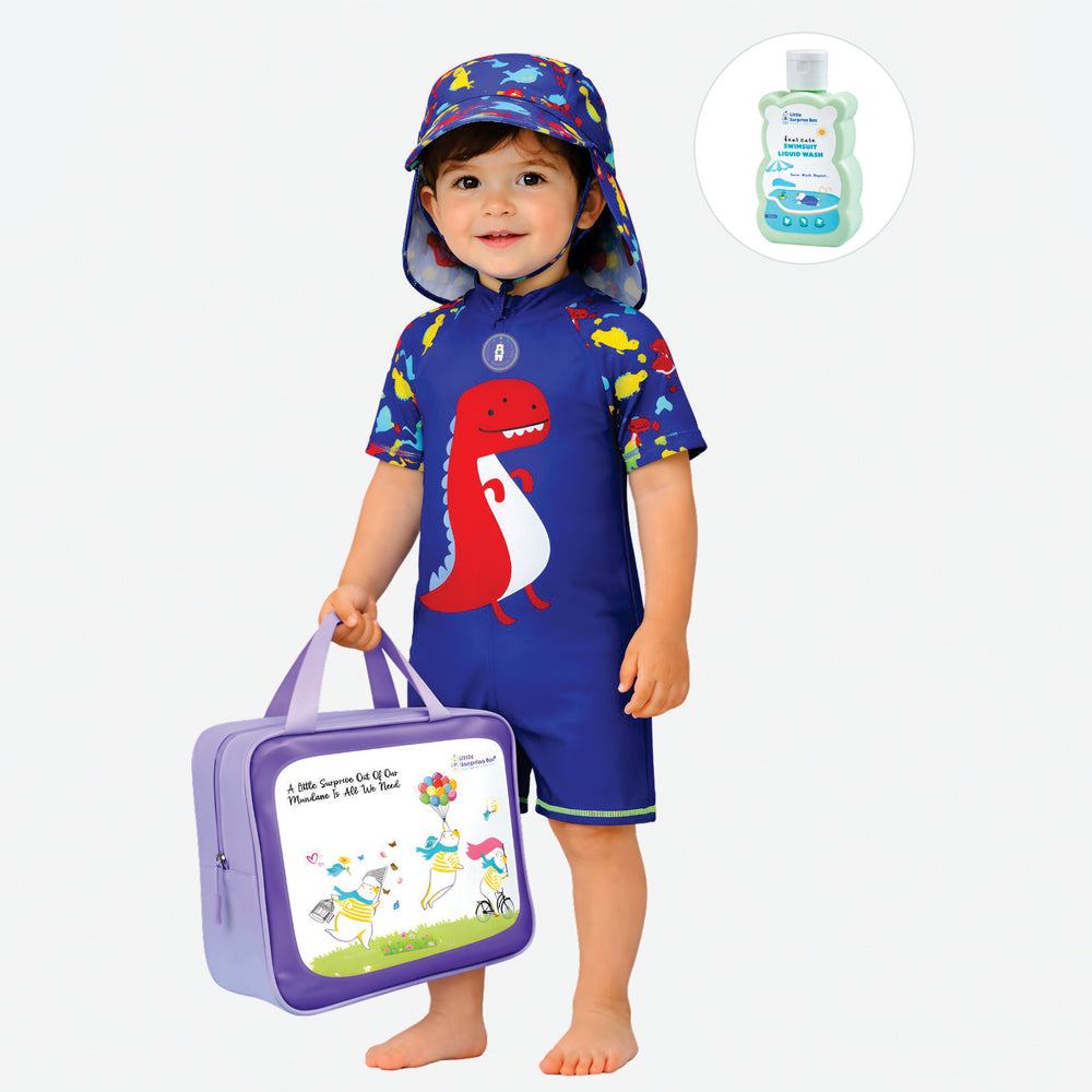 Blue Red Dino, Toddlers & Kids Swimwear with long Cap Free Wash Bag & Free Swim Detergent