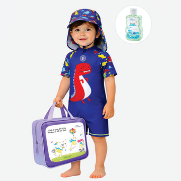 Blue Red Dino, Toddlers & Kids Swimwear with long Cap Free Wash Bag & Free Swim Detergent