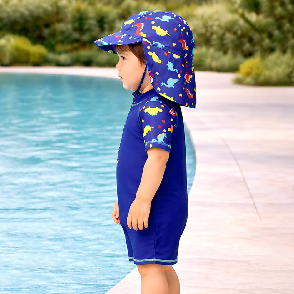Blue Red Dino, Toddlers & Kids Swimwear with long Cap Free Wash Bag & Free Swim Detergent