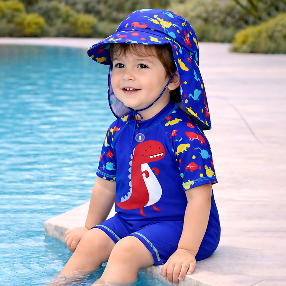 Blue Red Dino, Toddlers & Kids Swimwear with long Cap Free Wash Bag & Free Swim Detergent