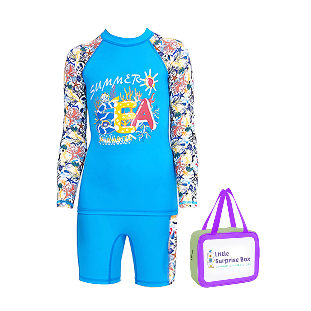 Full Sleeves Shirt & Shorts set Swimwear , Blue Fauna with UPF 50+ (2 pcs set) with Free Washbag