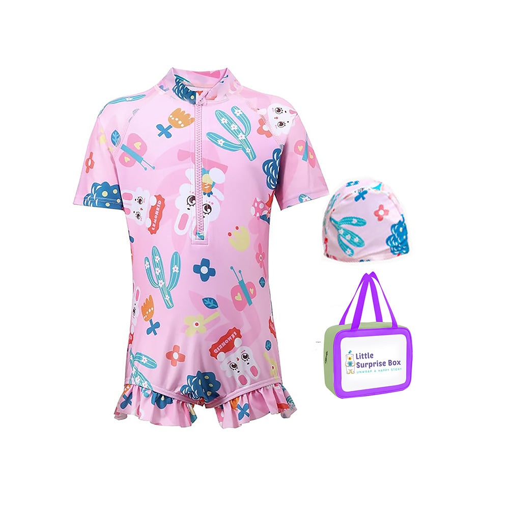 Pink Bunny Kids Swimwear with matching Swim Cap with UPF 50+
