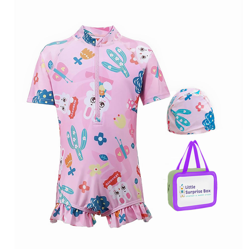 Pink Bunny Kids Swimwear  UPF 50+ with matching Swim Cap & Free Washbag
