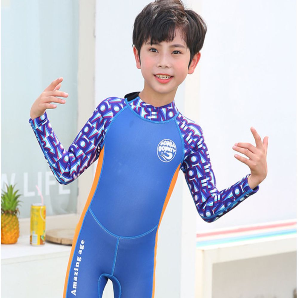 Cobalt Printed Sleeves Orange knee Length Scuba Swimsuit 2.5mm Neoprene Swimwear for water adventures for Kids,Teens and Adults-2-3Y