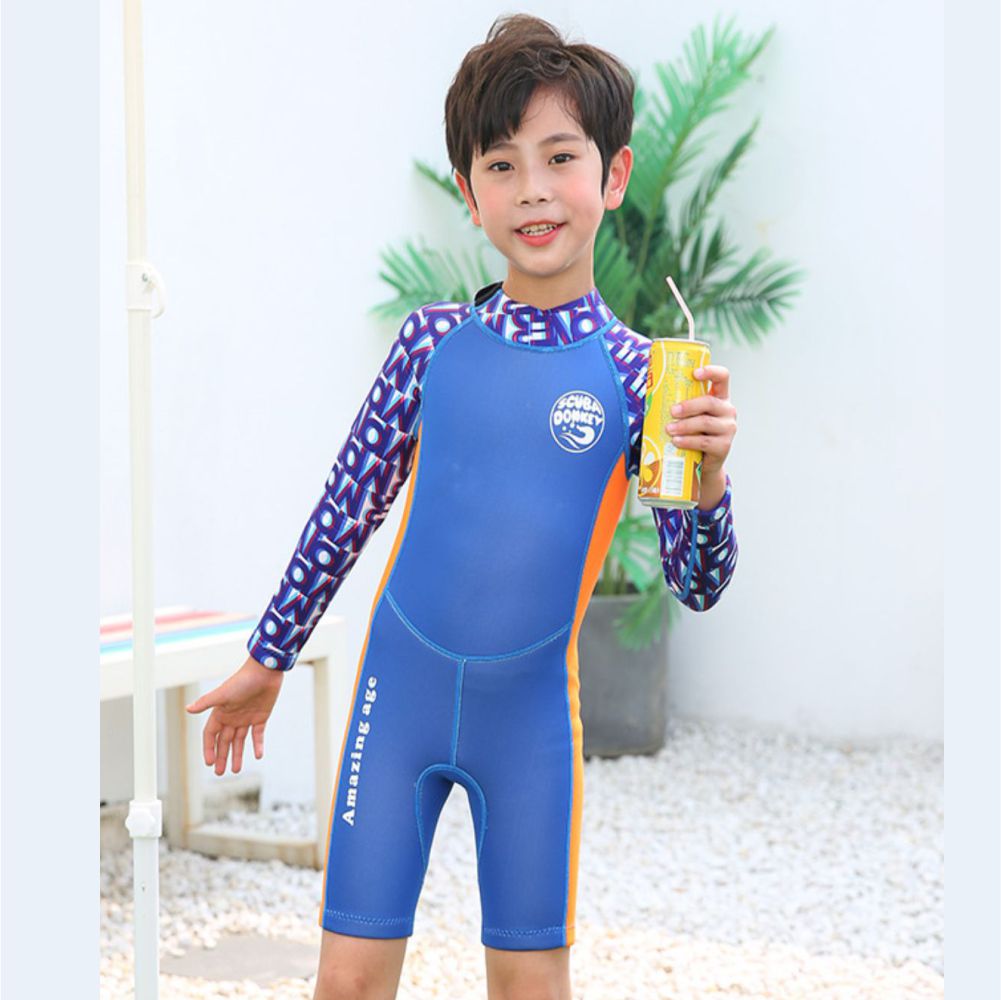 Cobalt Printed Sleeves Orange knee Length Scuba Swimsuit 2.5mm Neoprene Swimwear for water adventures for Kids,Teens and Adults