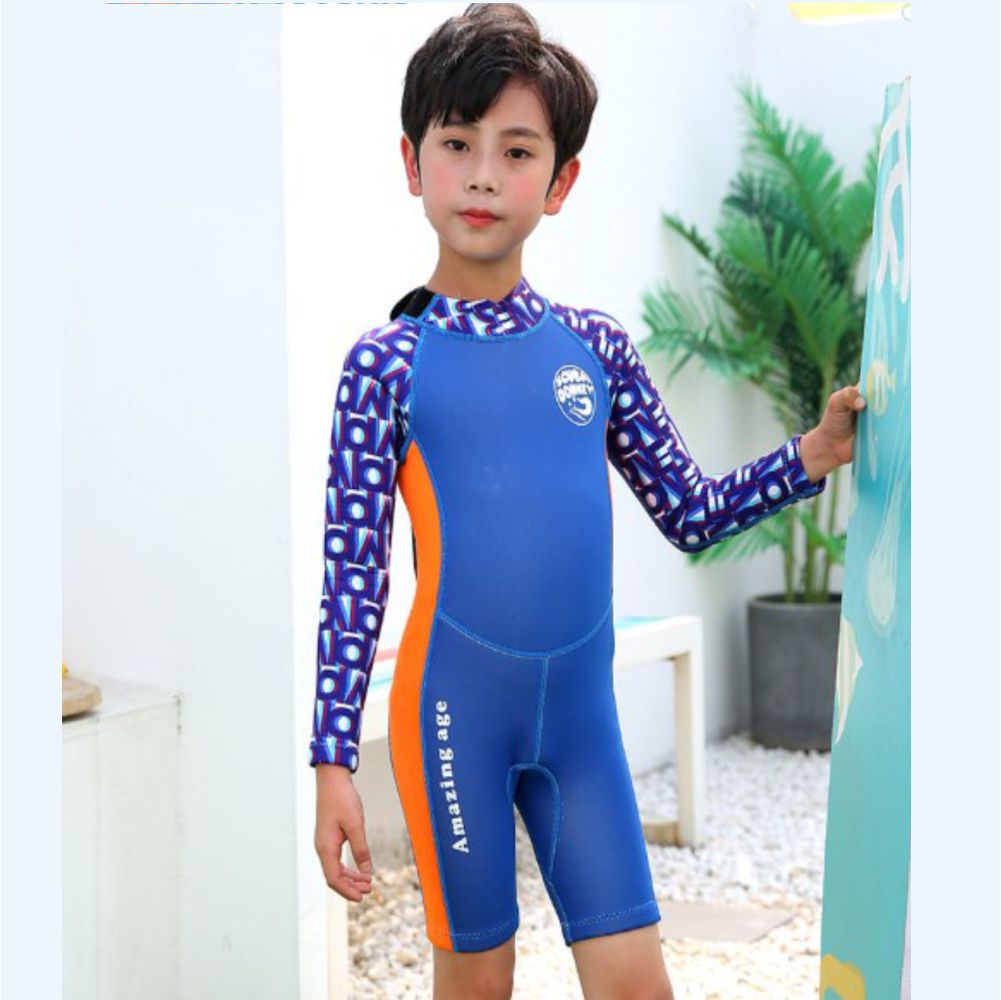 Cobalt Printed Sleeves Orange knee Length Scuba Swimsuit 2.5mm Neoprene Swimwear for water adventures for Kids,Teens and Adults