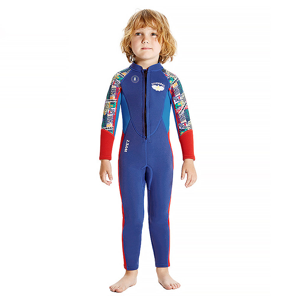 Dive Full Length, Cobalt & Red Stamp Printed Full Length 2.5mm Neoprene Kids Swimsuit with Free Washbag