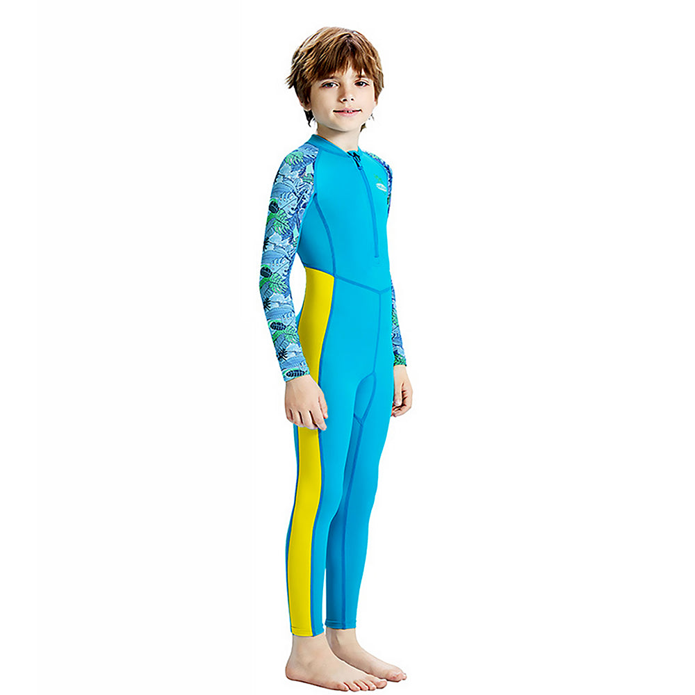 Full Length Dive Blue Leaf Printed Kids Swimwear in UPF 50+ Fabric with Swim Cap & Free Washbag