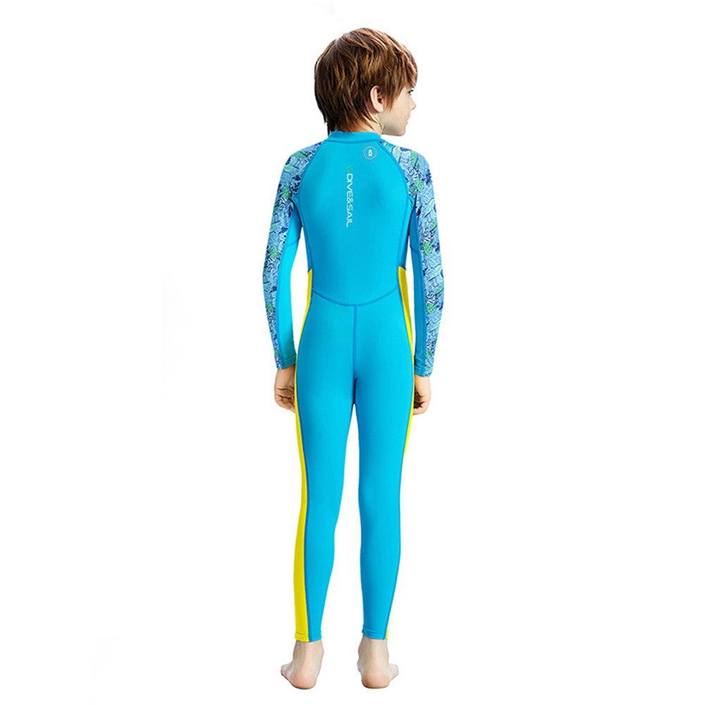Full Length Dive Blue Leaf Printed Kids Swimwear in UPF 50+ Fabric with Swim Cap & Free Washbag