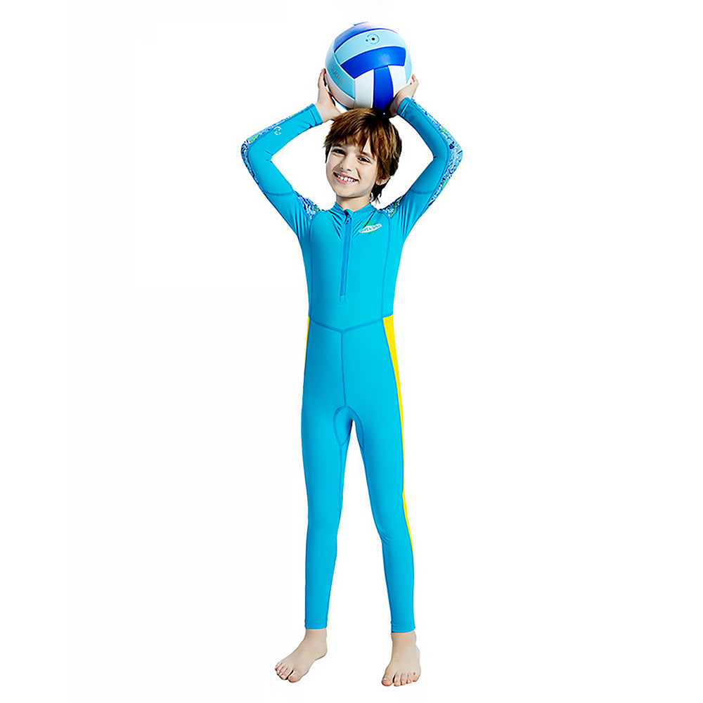 Full Length Dive Blue Leaf Printed Kids Swimwear in UPF 50+ Fabric with Swim Cap & Free Washbag