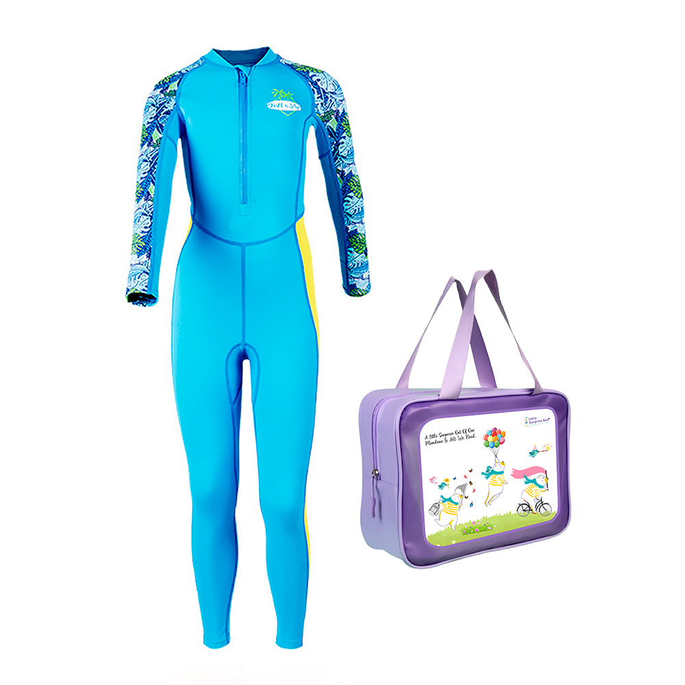 Full Length Dive Blue Leaf Printed Kids Swimwear in UPF 50+ Fabric with Swim Cap & Free Washbag
