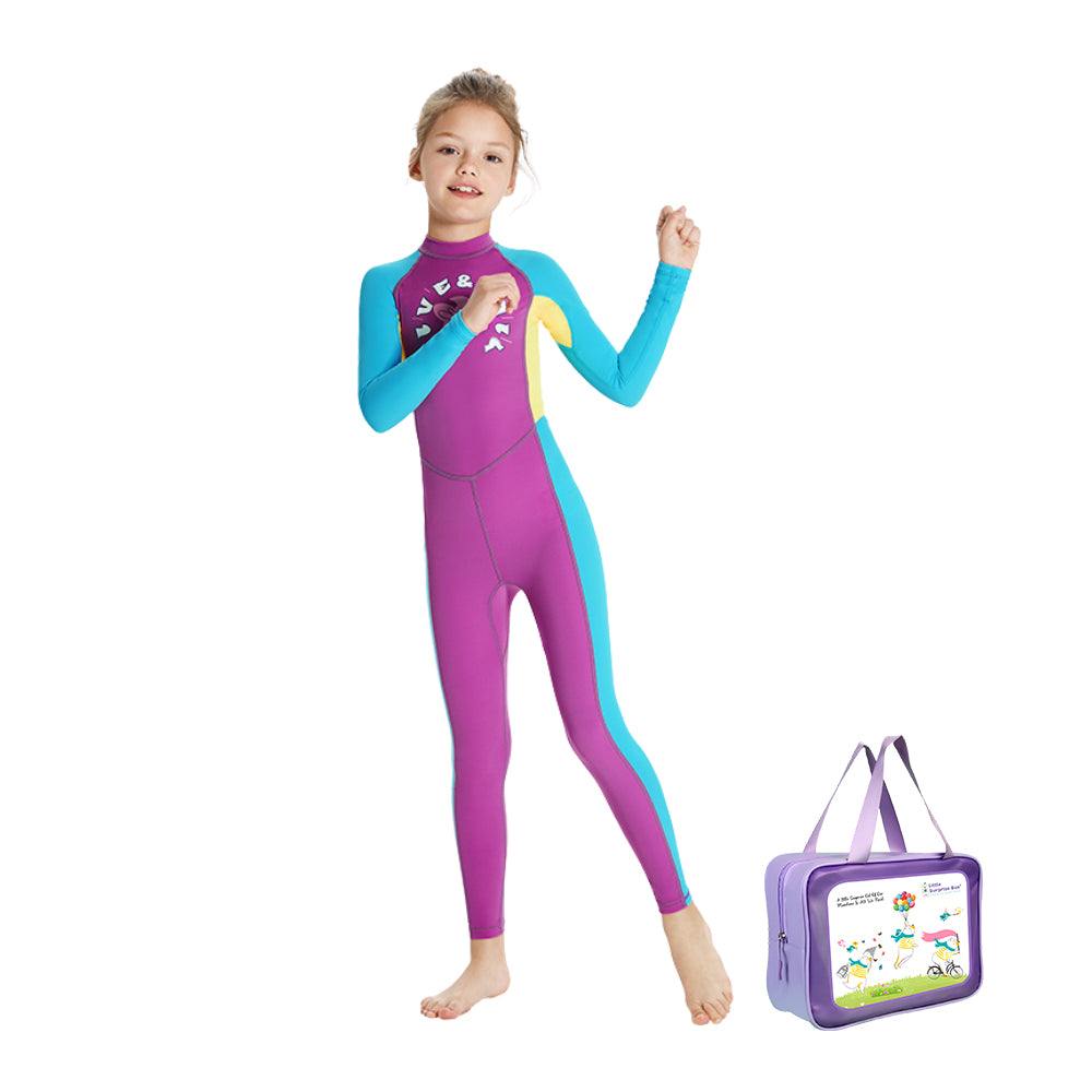 Full Length Dive Mauve Mermaid Color Block Printed Kids Swimwear In Upf 50+ Fabric with Free Washbag