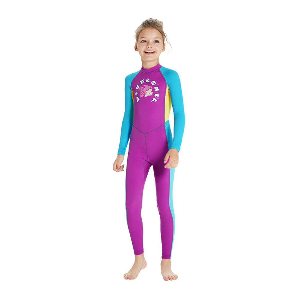 Full Length Dive Mauve Mermaid Color Block Printed Kids Swimwear In Upf 50+ Fabric with Free Washbag