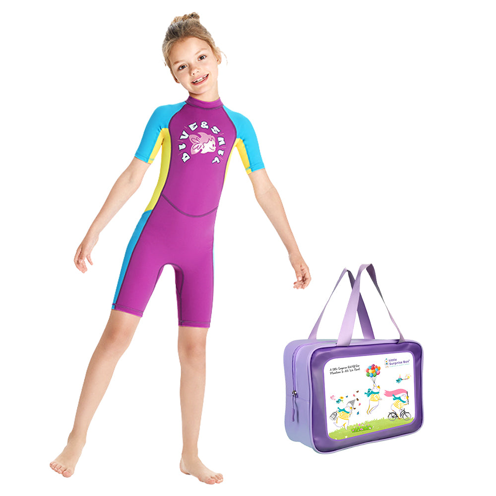 Knee Length Dive Mauve Mermaid Color Block Printed Kids Swimwear In Upf 50+ Fabric with Free Washbag