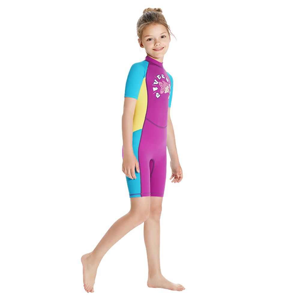 Knee Length Dive Mauve Mermaid Color Block Printed Kids Swimwear In Upf 50+ Fabric with Free Washbag