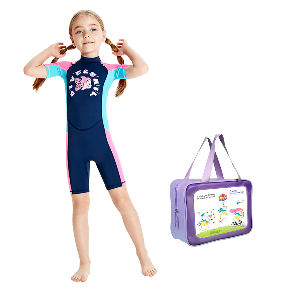 Knee Length Dive Navy Mermaid Color Block Printed Kids Swimwear In Upf 50+ Fabric with Free Washbag