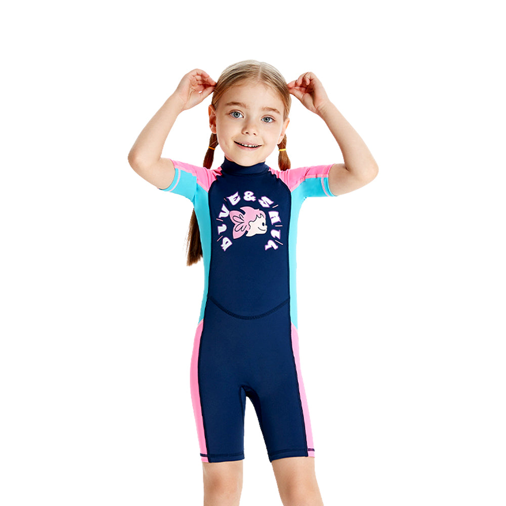 Knee Length Dive Navy Mermaid Color Block Printed Kids Swimwear In Upf 50+ Fabric with Free Washbag