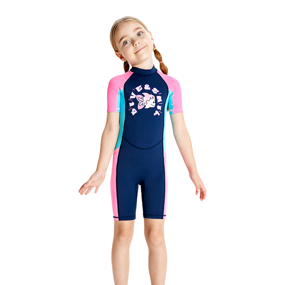 Knee Length Dive Navy Mermaid Color Block Printed Kids Swimwear In Upf 50+ Fabric with Free Washbag