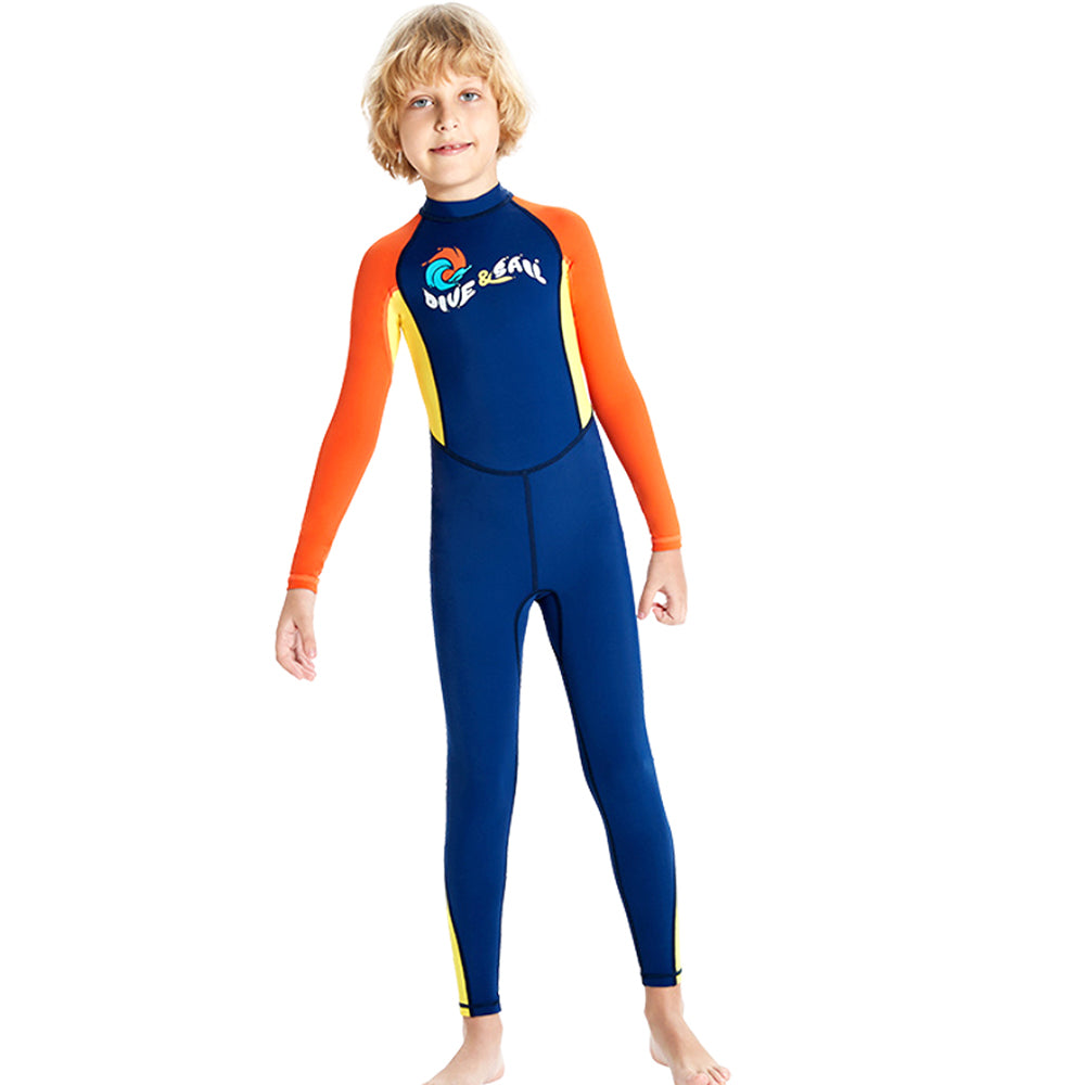 Full Length Dive Navy & Orange Printed Kids Swimwear In Upf 50+ Fabric