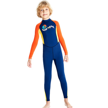 Full Length Dive Navy & Orange Printed Kids Swimwear In Upf 50+ Fabric