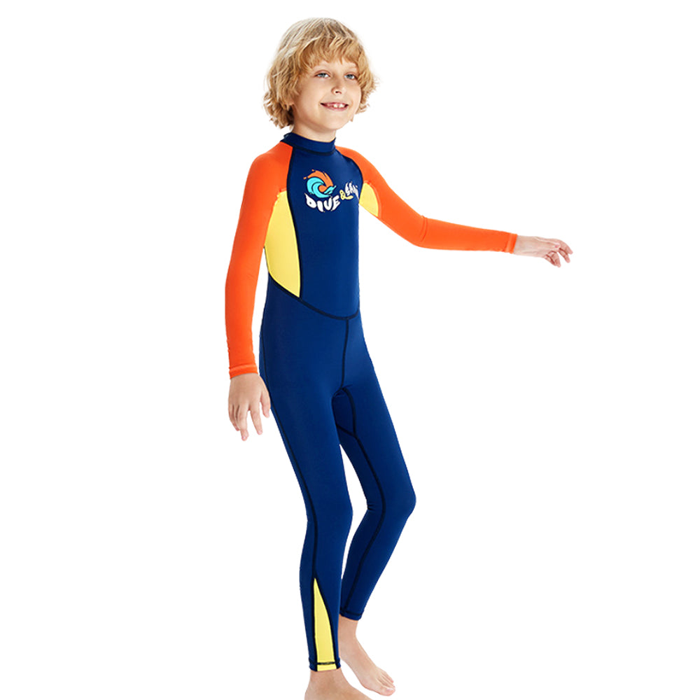 Full Length Dive Navy & Orange Printed Kids Swimwear In Upf 50+ Fabric with Free Washbag