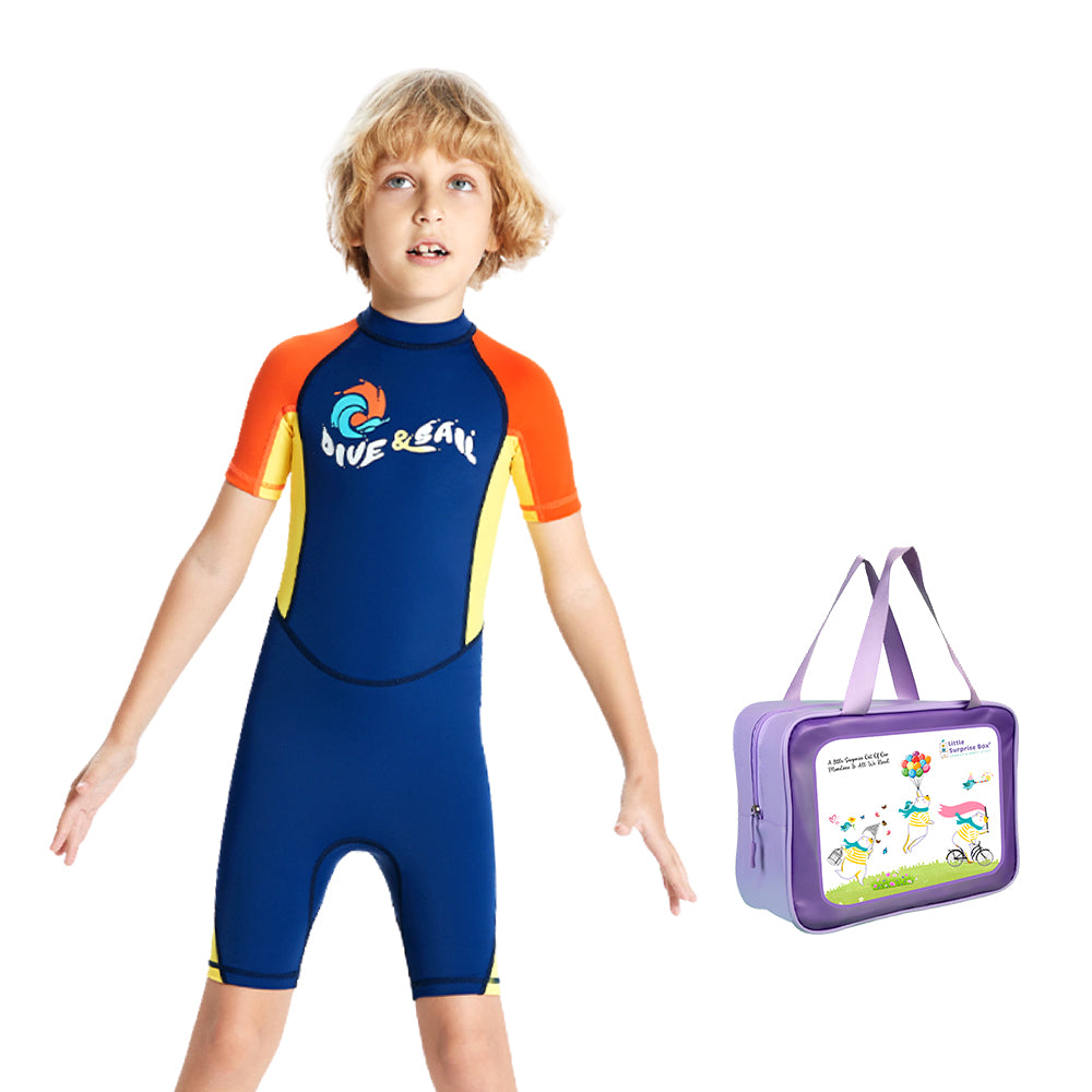 Knee Length Dive Navy & Orange Printed Kids Swimwear In Upf 50+ Fabric with Free Washbag