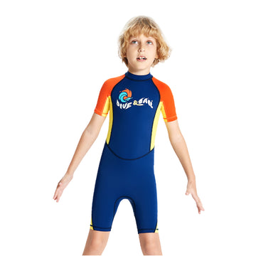 Knee Length Dive Navy & Orange Printed Kids Swimwear In Upf 50+ Fabric