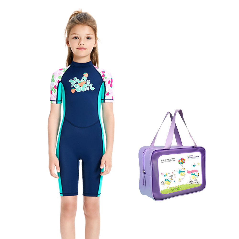 Knee Length Dive Navy Strawberry Printed Kids Swimwear In Upf 50+ Fabric with Free Washbag