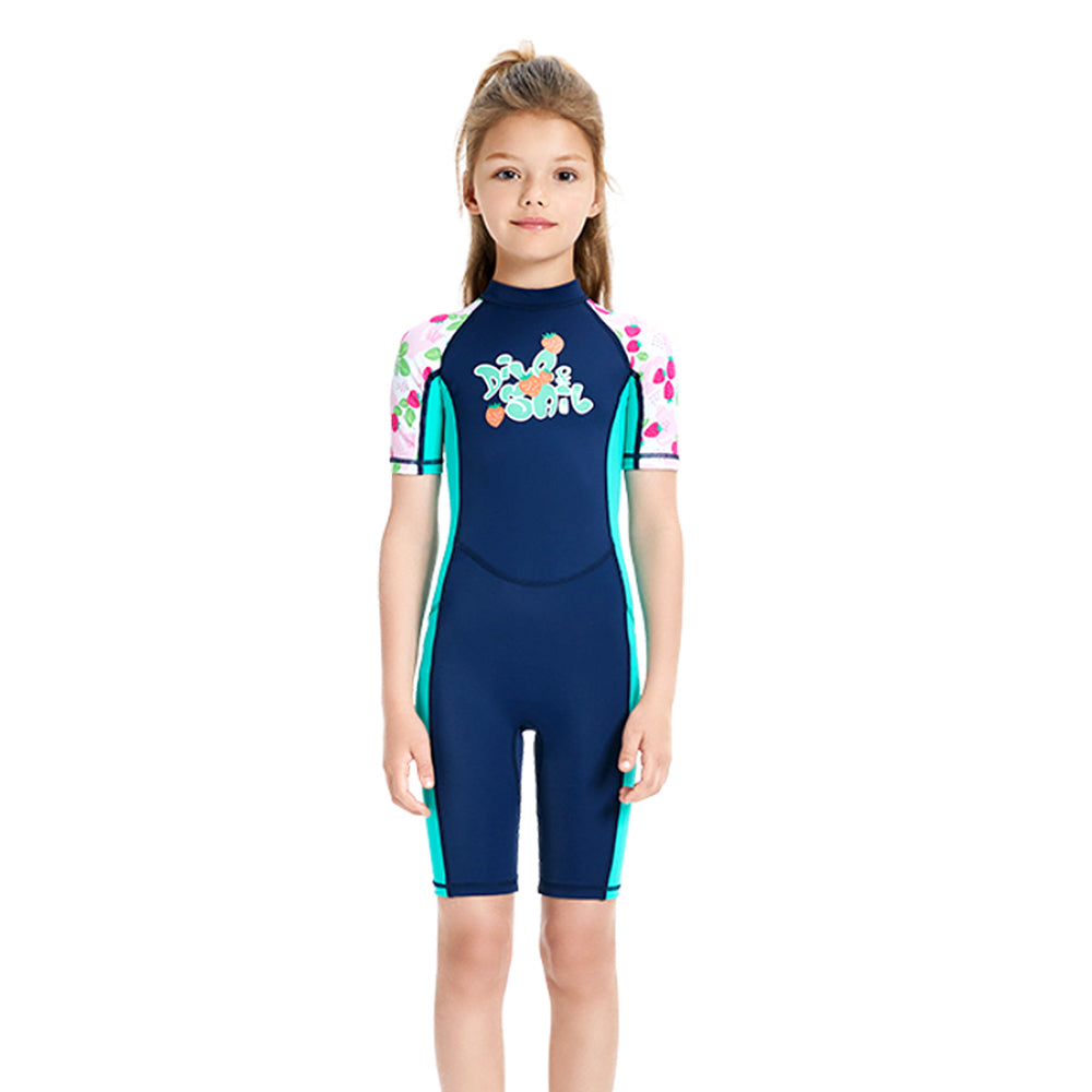 Knee Length Dive Navy Strawberry Printed Kids Swimwear In Upf 50+ Fabric