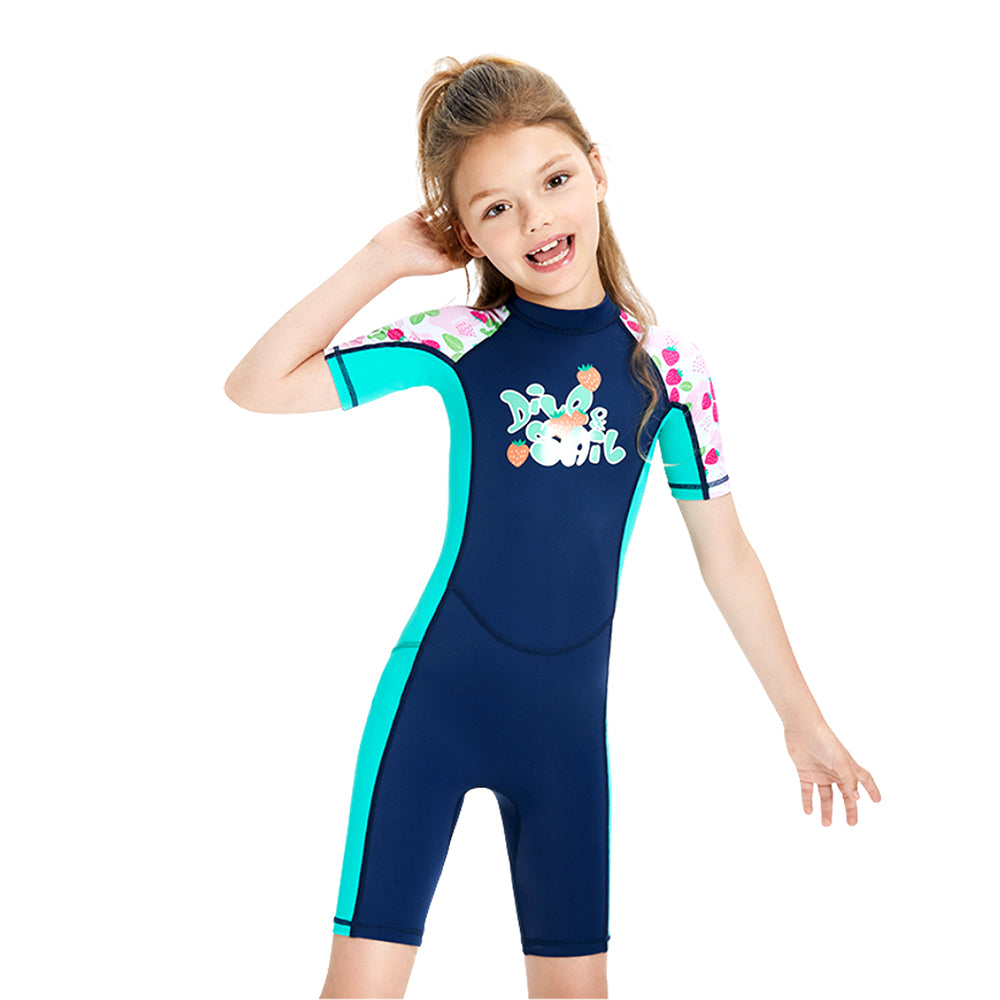 Knee Length Dive Navy Strawberry Printed Kids Swimwear In Upf 50+ Fabric with Free Washbag