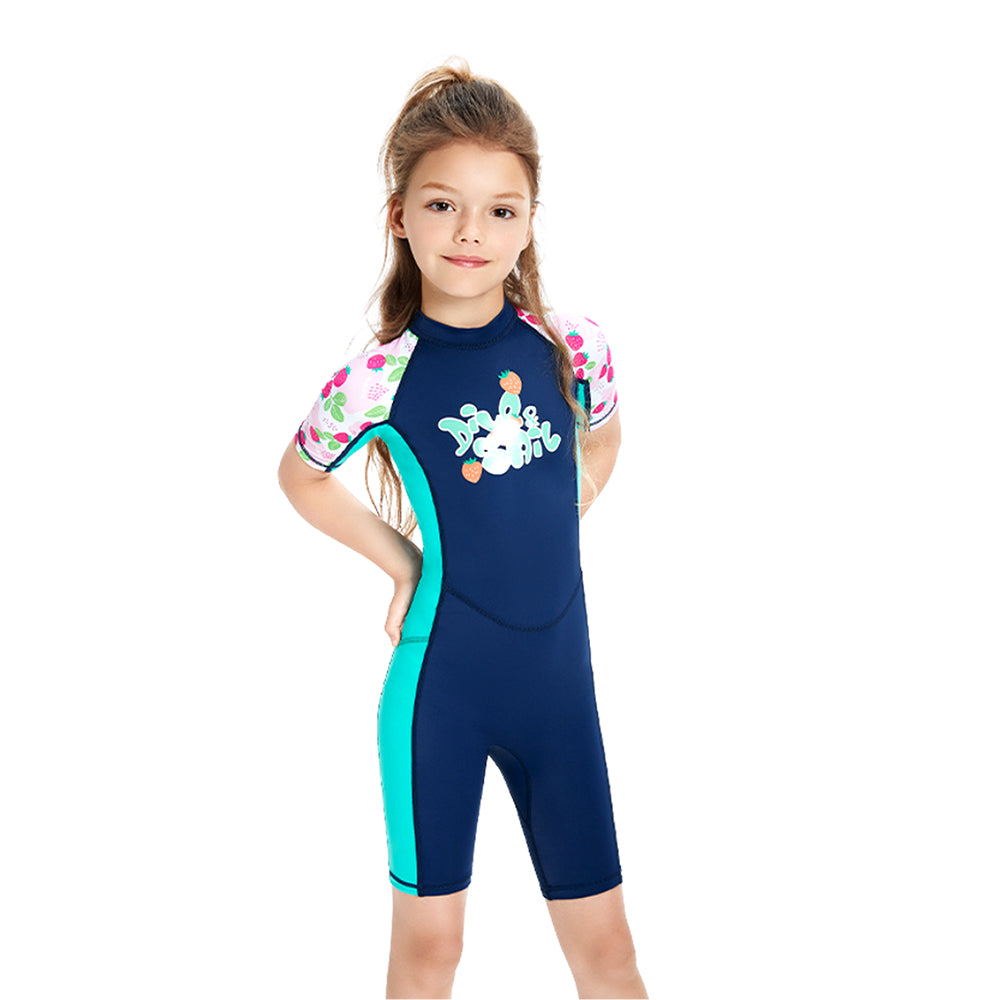 Knee Length Dive Navy Strawberry Printed Kids Swimwear In Upf 50+ Fabric with Free Washbag