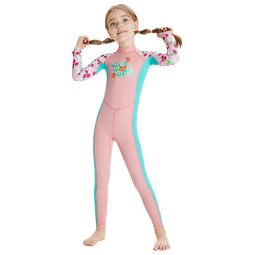 Full Length Dive Baby Pink Strawberry Printed Kids Swimwear In Upf 50+ Fabric