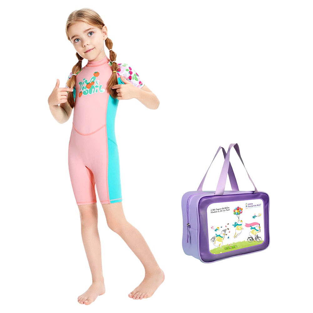 Knee Length Dive Baby Pink Strawberry Printed Kids Swimwear In Upf 50+ Fabric with Free Washbag